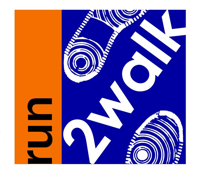 Square orange and blue run2walk logo